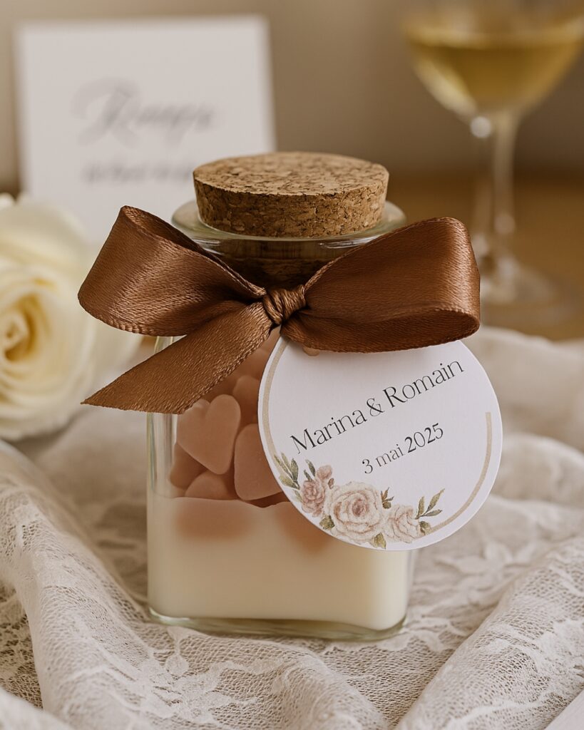 Bougie personnalisée avec cœurs roses pour mariage de Marina et Romain le 3 mai 2025