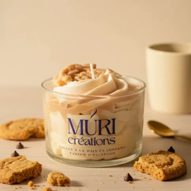 Bougie gourmande artisanale Éclats de Cookie de la marque Muri Créations, avec cire fouettée dans un pot en verre et entourée de biscuits et pépites de chocolat, coulée à la main en Lorraine.