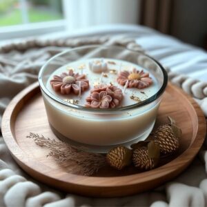 Bougie personnalisable 800ml avec fleurs nude en cire et feuilles d’or, posée sur un plateau en bois dans une ambiance cocooning