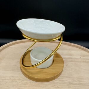 Diffuseur d’arômes Anina avec spirale dorée, bol en céramique blanche et base bois