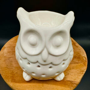 Brûleur d’arômes hibou en céramique blanche, posé sur un support en bois