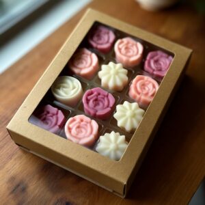Coffret kraft de fondants parfumés MURI en forme de fleurs, tons rose, mauve et ivoire, posé sur une table en bois