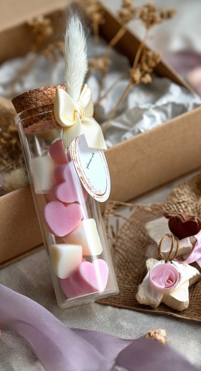 Fiole en verre remplie de petits cœurs fondants parfumés rose pâle, présentée comme un cadeau personnalisé artisanal signé Muri Créations
