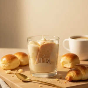 Bougie gourmande artisanale de la marque Muri Créations au parfum de brioche. La bougie en verre, décorée d'un biscuit en cire, est disposée sur une planche en bois avec une cuillère dorée, des petites brioches et un croissant, évoquant une ambiance de petit-déjeuner chaleureux.