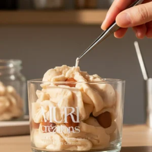 Gros plan sur l'ajustement à la pince de la mèche d'une bougie gourmande Muri Créations parfumée au café cappuccino. La bougie artisanale en verre présente une cire texturée façon crème fouettée ornée de grains de café.