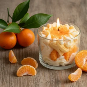 Bougie gourmande parfumée à la mandarine de la marque artisanale Muri Créations, présentant une cire effet chantilly et des quartiers de fruits dans un verre, entourée de mandarines fraîches sur une table en bois.