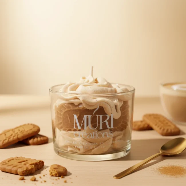 Photo d'une bougie artisanale parfumée et gourmande au speculos entourée de gateaux