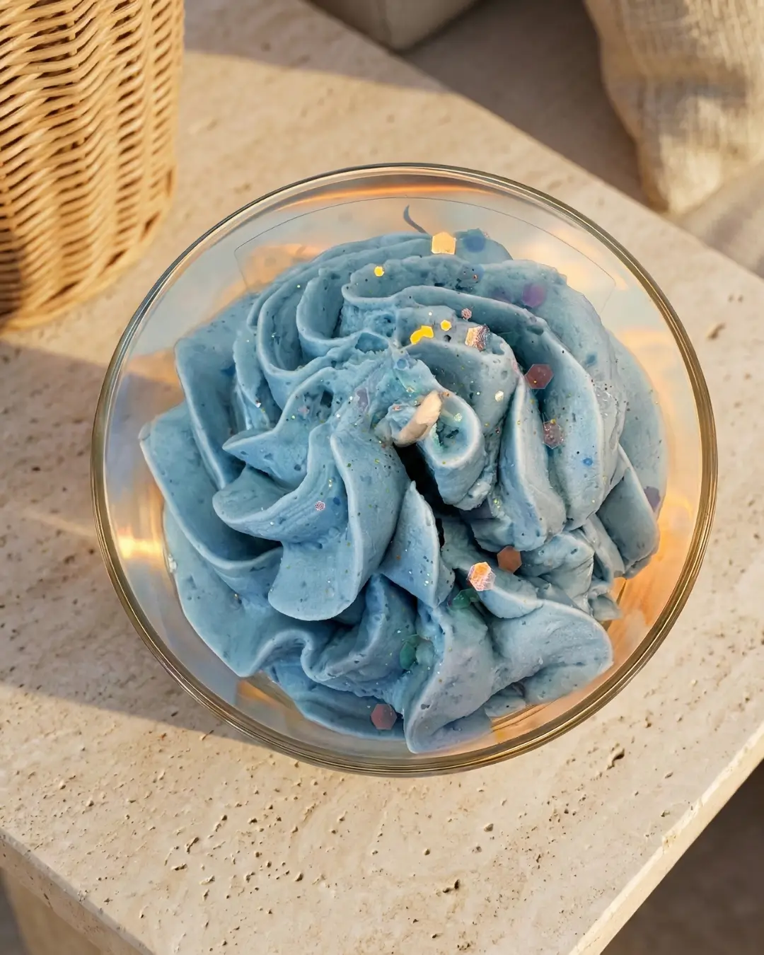 Bougie 150ml - BRISE MARINE 2 Vue de dessus de la bougie artisanale Brise Marine en cire fouettée bleue ornée de paillettes, issue de la collection printemps-été 2026 de la marque Muri Créations, posée sur une surface en pierre naturelle.