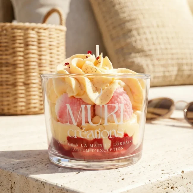 Boutique - Bougies Artisanales - Muri Créations 11 Bougie artisanale gourmande parfum Litchi de la marque Muri Créations, collection printemps été 2026. Cette création coulée à la main en Lorraine imite un dessert avec sa cire fouettée et ses sphères roses dans un verre transparent, posée sur une table en pierre ensoleillée.