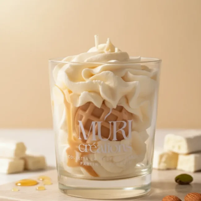 À propos 9 Bougie parfumée au nougat de la marque artisanale Muri Créations, présentée dans un verre avec une cire effet chantilly, un insert gaufrette et un coulis caramel, entourée de morceaux de nougat blanc, d'amandes et de pistaches.
