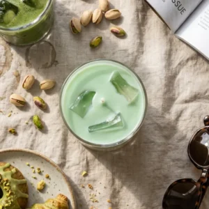 Bougie gourmande trompe-l'œil Ice Latte Pistache signée Muri Creations. Cette bougie artisanale verte décorée de faux glaçons en cire est mise en scène sur une nappe en lin avec des pistaches, des pâtisseries et un verre glacé dans un esprit brunch estival.