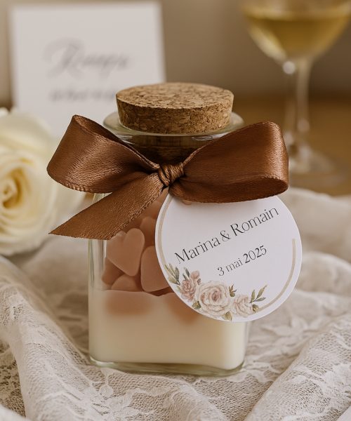 Bougie personnalisée avec cœurs roses pour mariage de Marina et Romain le 3 mai 2025